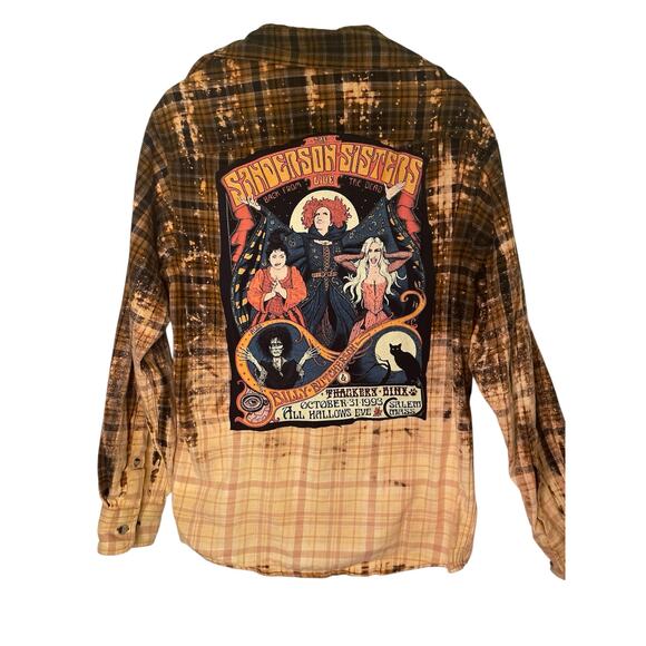 Up-cycled bleached Hocus Pocus flannel button down shirt size small - Picture 2 of 6